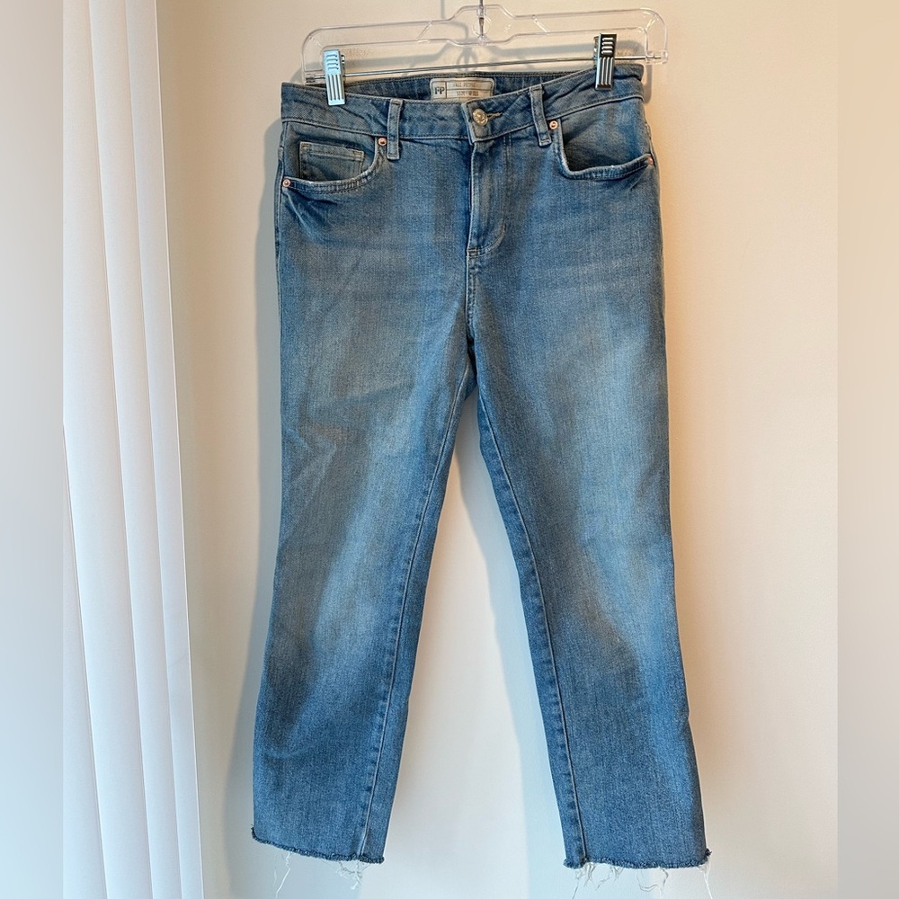 Free People Petite Mid-Rise Girlfriend Cropped Cutoff Jeans Blue 25
